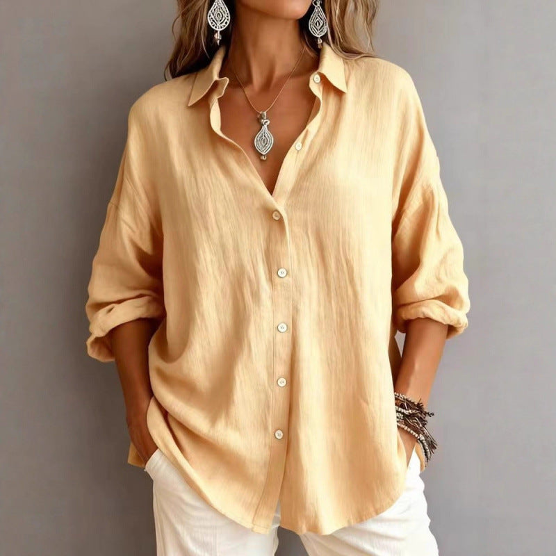 Women's Loose Linen Look Shirt with Oversized Cut and Round Hem Mune Fashion