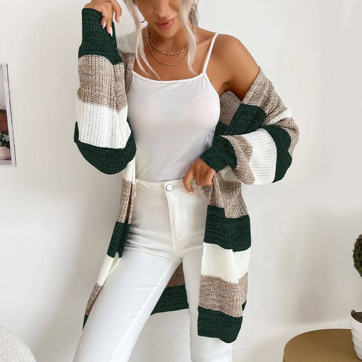 Women's Longline Knit Cardigan with Wide Block Stripes, Open Front and Dropped Shoulders Mune Fashion