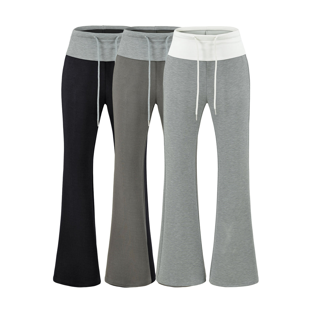 Women High-Waisted Flared Jogging Pants with Cuff Waistband and Drawstring