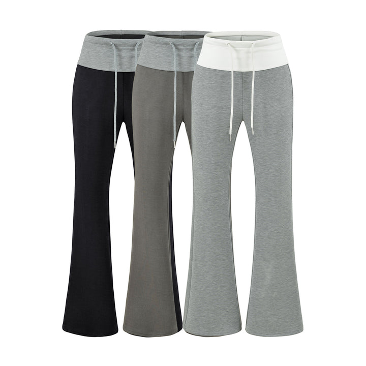 Women High-Waisted Flared Jogging Pants with Cuff Waistband and Drawstring