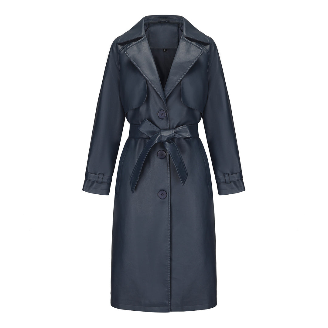 Women's longer tailored faux leather trench coat with tie belt Mune Fashion