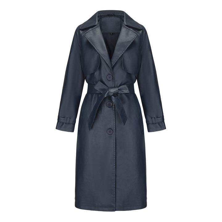 Women's longer tailored faux leather trench coat with tie belt Mune Fashion