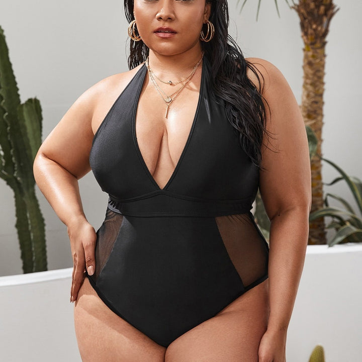 Women's One-Piece Swimsuit with Deep V-Neck and Transparent Inserts Mune Fashion