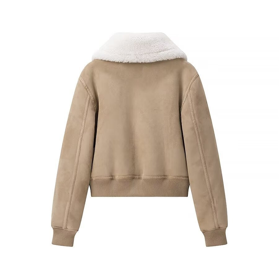 Women's short-cut bomber jacket with faux shearling collar and suede look Mune Fashion