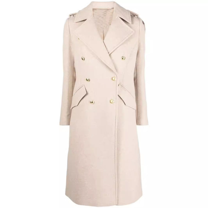 Women Mid-length double-breasted tailoring coat with fitted seam and decorative straps Mune Fashion
