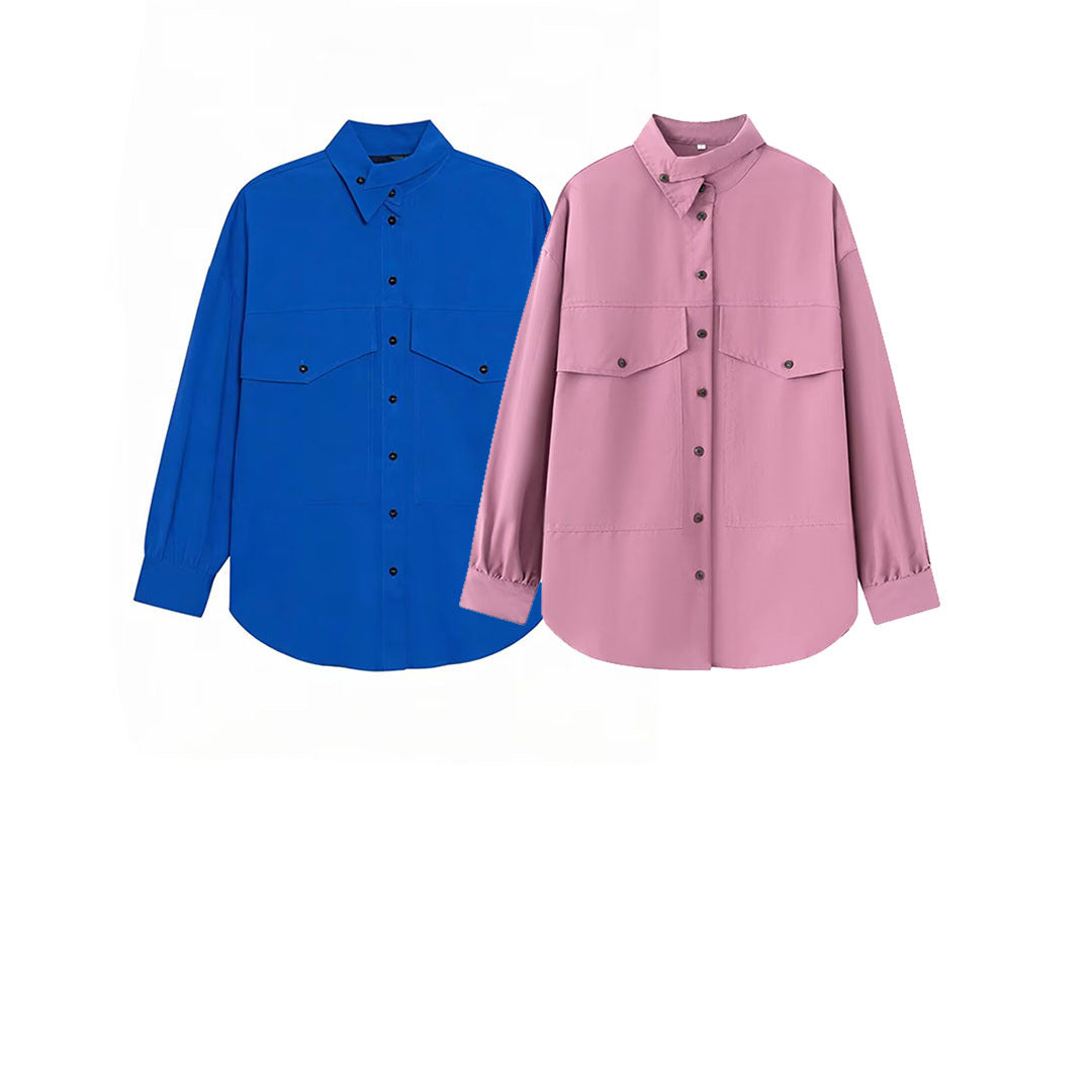 Women's Oversized Utility Shirt Blouse with Drop Shoulder, Flap Pockets and Stand Collar Mune Fashion