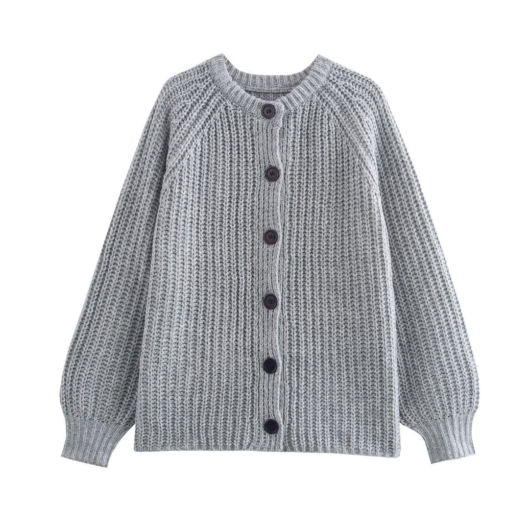 Women chunky knitted raglan cardigan with balloon sleeves and full button placket Mune Fashion