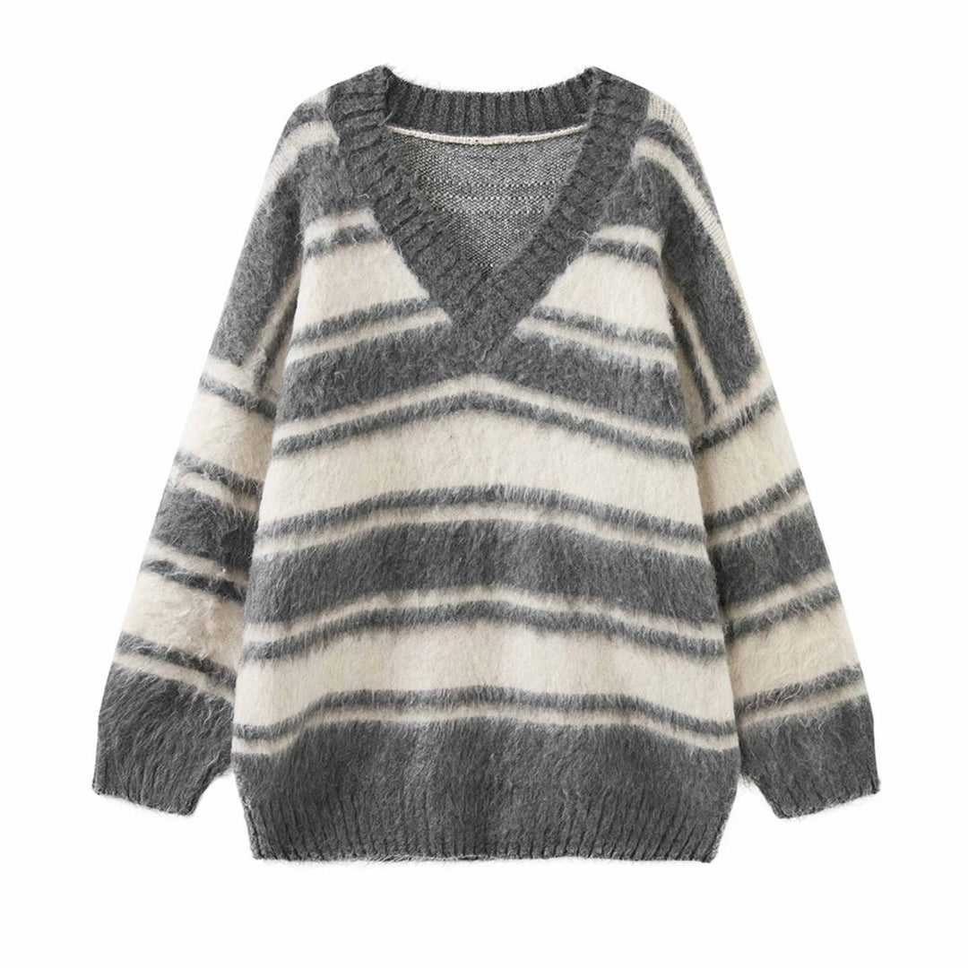 Women Oversized V-Neck Mohair Look Stripe Sweater Mune Fashion
