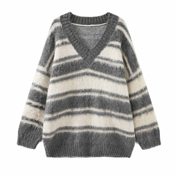 Women Oversized V-Neck Mohair Look Stripe Sweater Mune Fashion