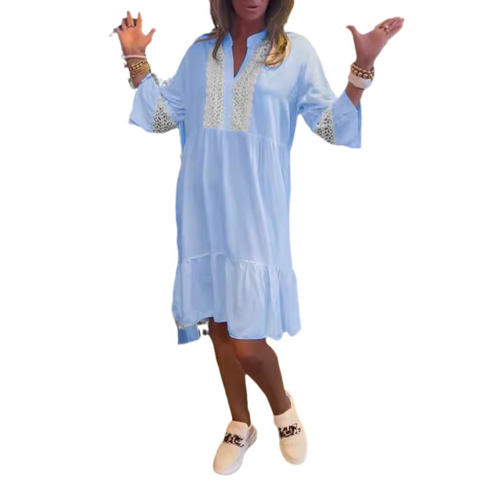Women’s loose babydoll tunic dress with lace insert, V-neck, stand-up collar, and tiered ruffle Mune Fashion