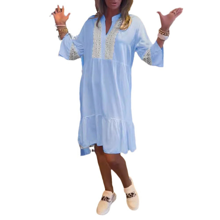 Women’s loose babydoll tunic dress with lace insert, V-neck, stand-up collar, and tiered ruffle Mune Fashion