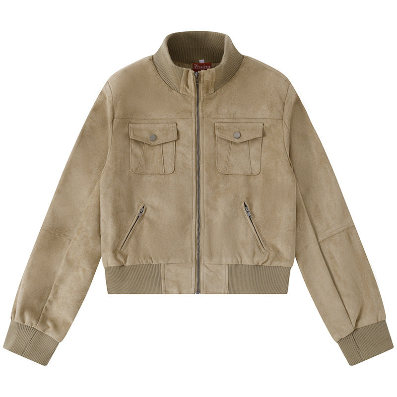 Women's Short-Cut Bomber Jacket Made of Velour Imitation with Chest Pockets and Zipper Pockets Mune Fashion