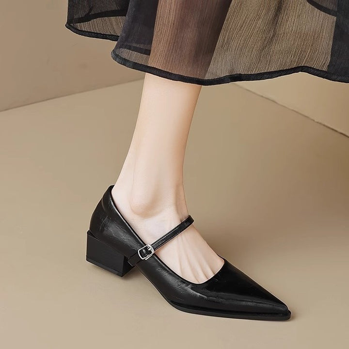 Ladies' Mary Jane style ankle strap pumps with pointed toe cap and shaped block heel Mune Fashion