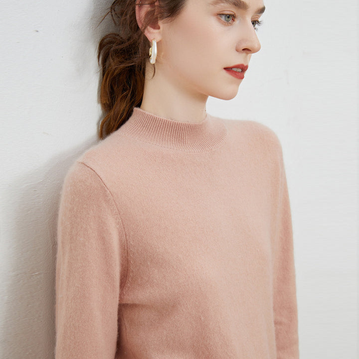 Women's soft fine-knit mock neck pullover with angora look and casual silhouette Mune Fashion