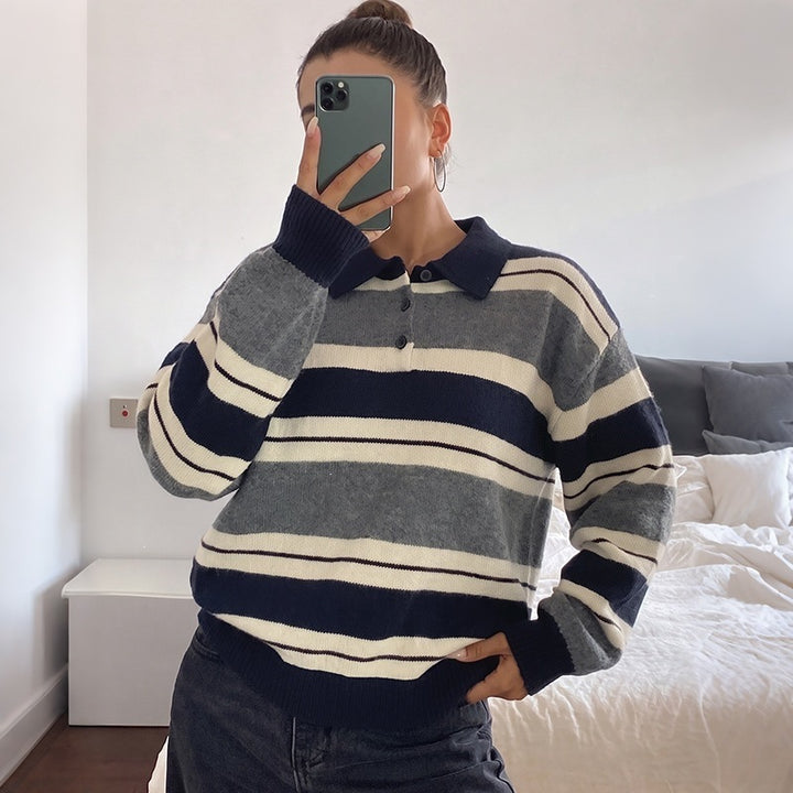 Women's Sportive Knit Top with Polo Collar Mune Fashion