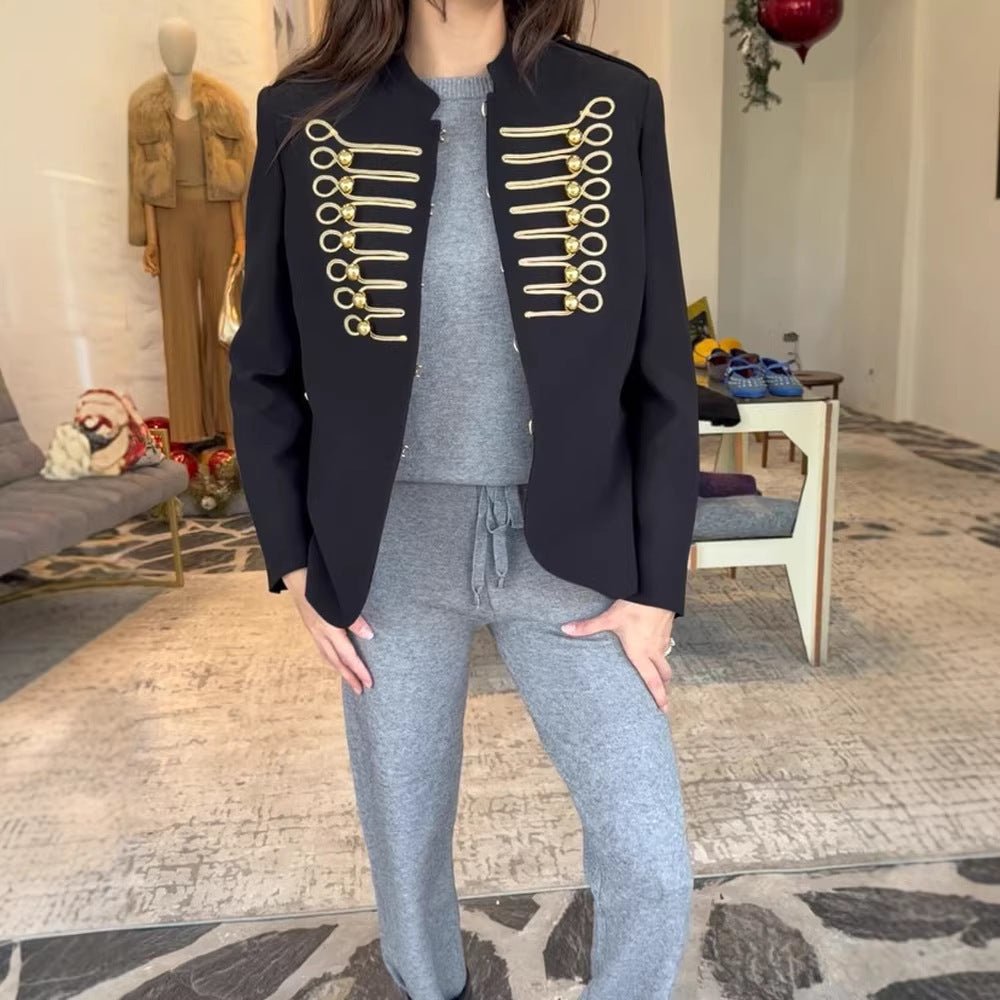 Ladies military short blazer with gold cord trim and decorative closures Mune Fashion