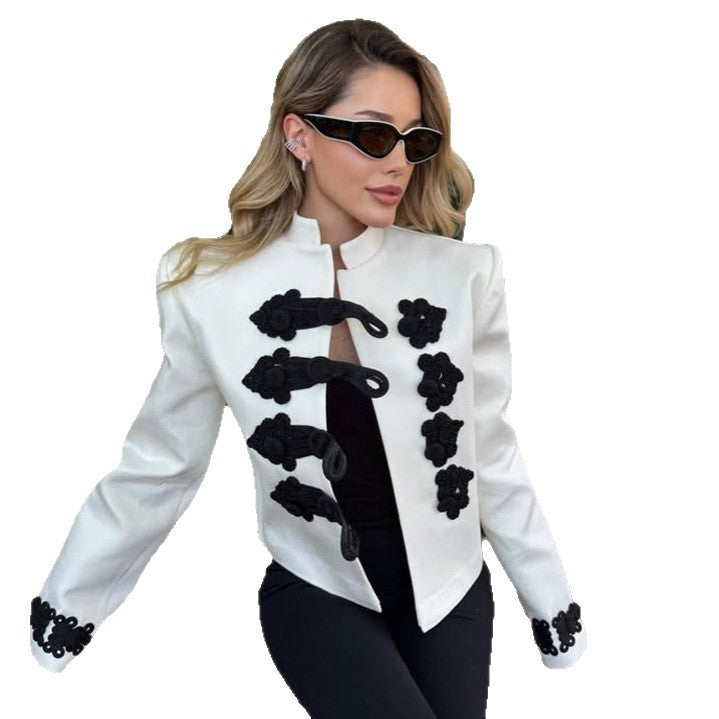 Women’s short blazer in military style with stand-up collar, decorative cord closures and contrasting application Mune Fashion