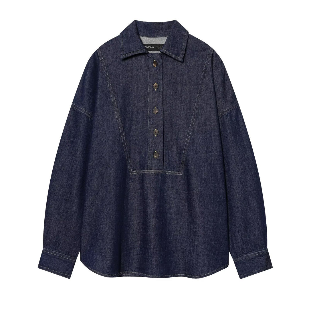 Women's Oversized Denim Tunic with Half Button Placket and Distinctive Stitching Details Mune Fashion