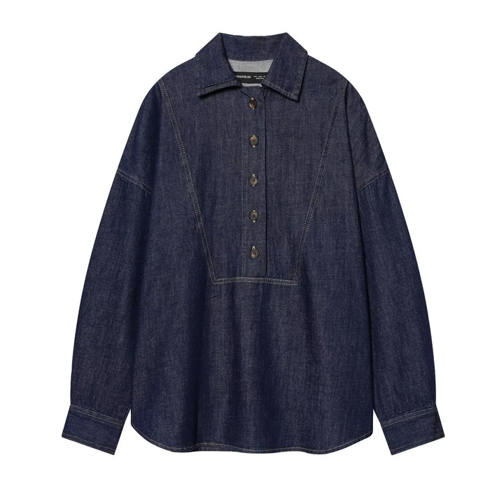 Women's Oversized Denim Tunic with Half Button Placket and Distinctive Stitching Details Mune Fashion