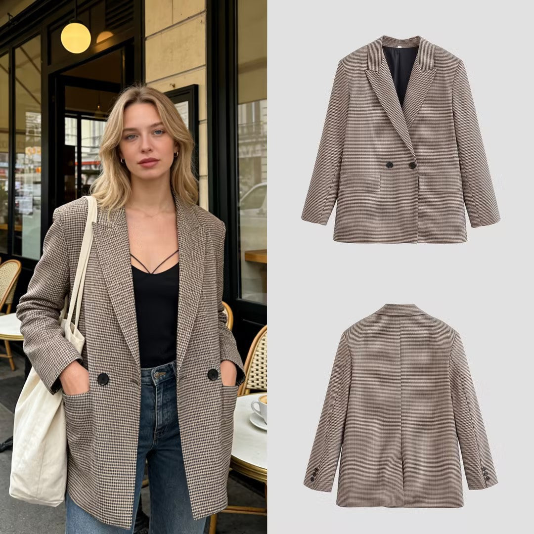 Women's Double-Breasted Oversized Blazer with Houndstooth Check and Flap Pockets Mune Fashion