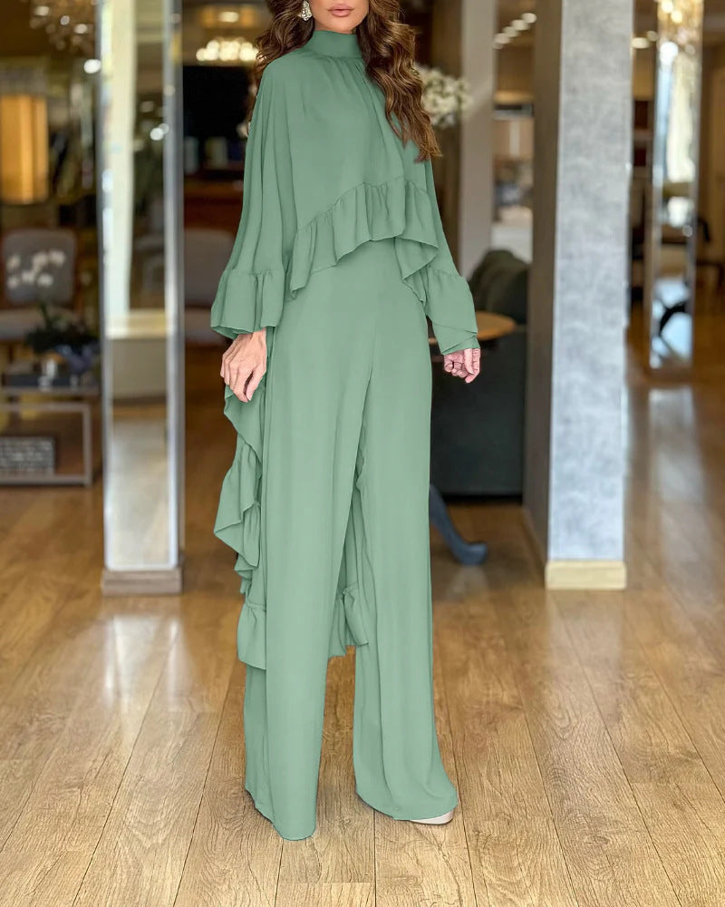 Women's Elegant Jumpsuit with Cape Ruffle and Wide Palazzo Pants Leg Drune