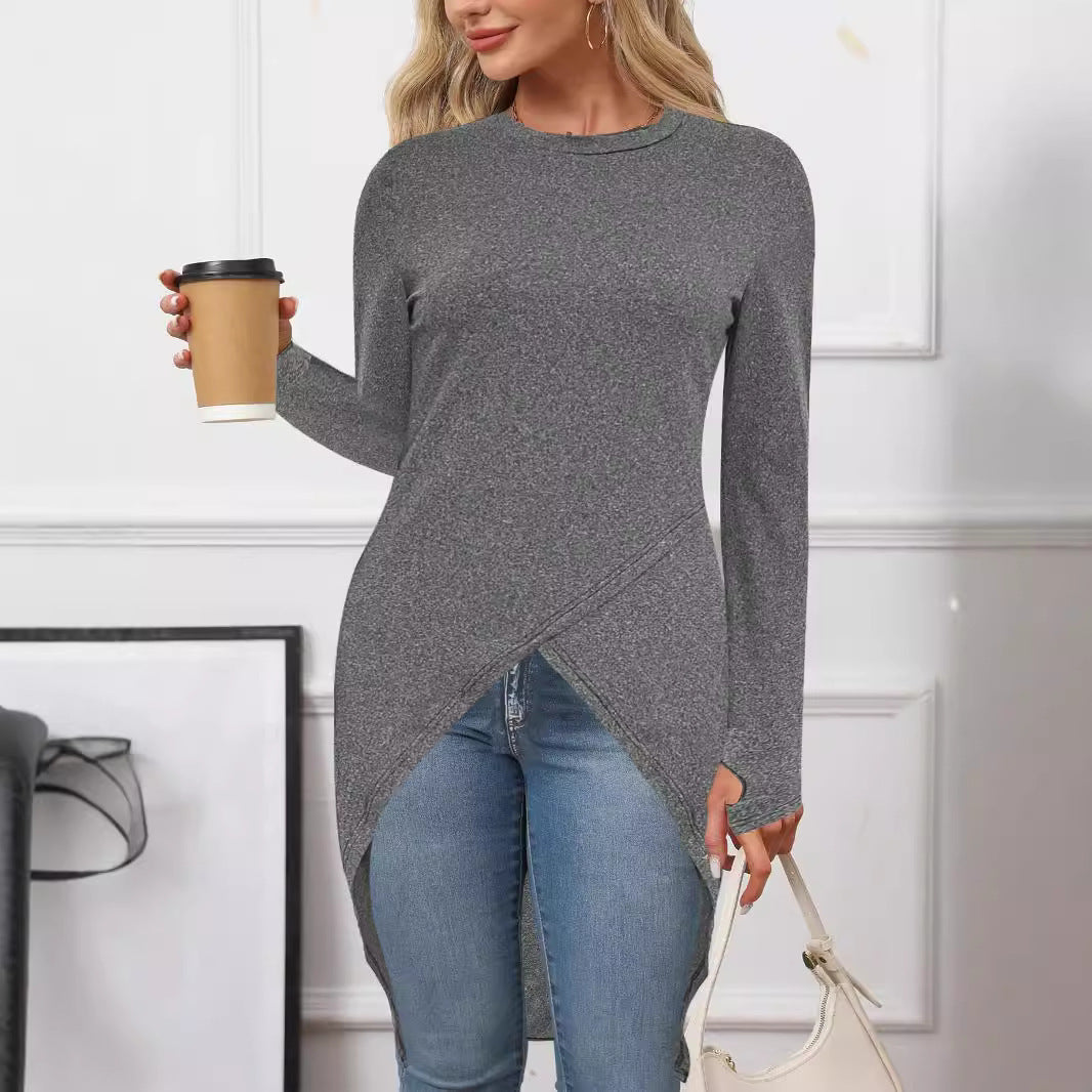 Women Long Asymmetrical Tunic Top with Overlapping Front and Side Slits Drune