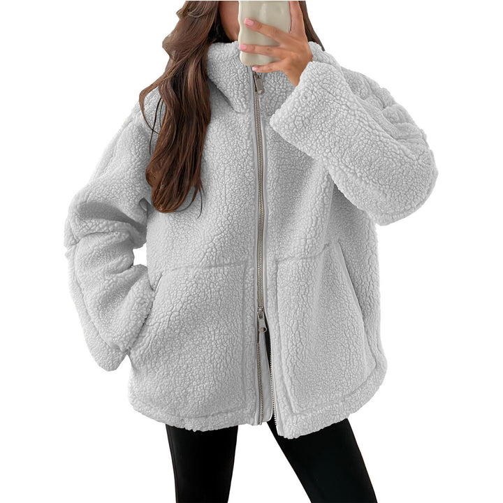 Women's oversized teddy fleece jacket with stand-up collar and full-length zipper Mune Fashion