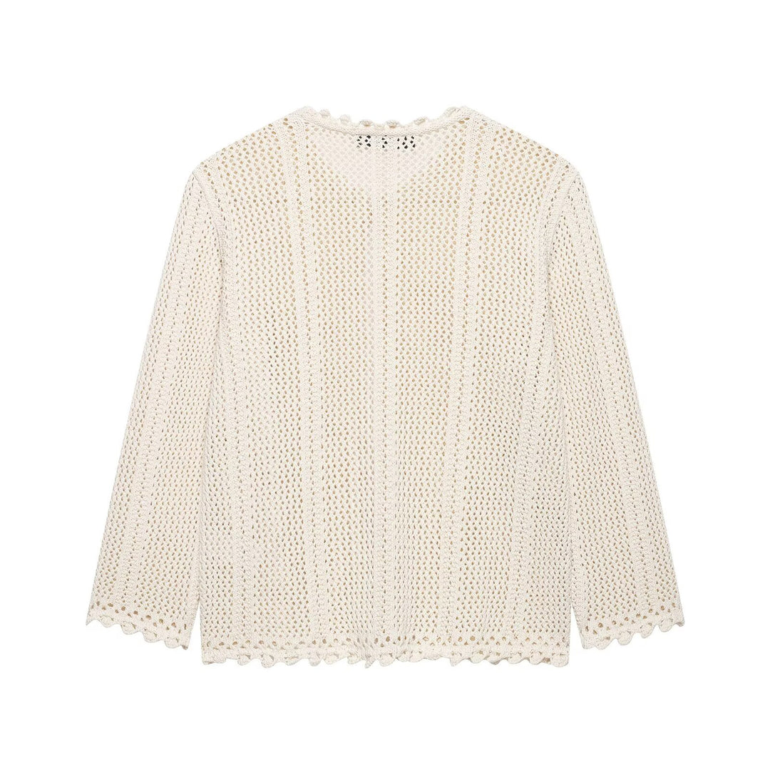Women Loose Crochet Knit Cardigan with Fine Lace Pattern and Scallop Hem Mune Fashion