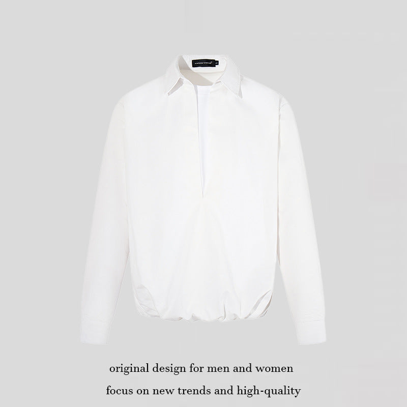 Women Elegant Blouse with concealed V-slit front, shirt collar and elastic hem