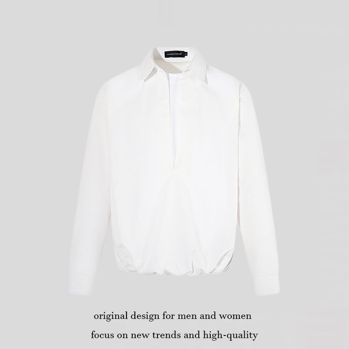 Women Elegant Blouse with concealed V-slit front, shirt collar and elastic hem