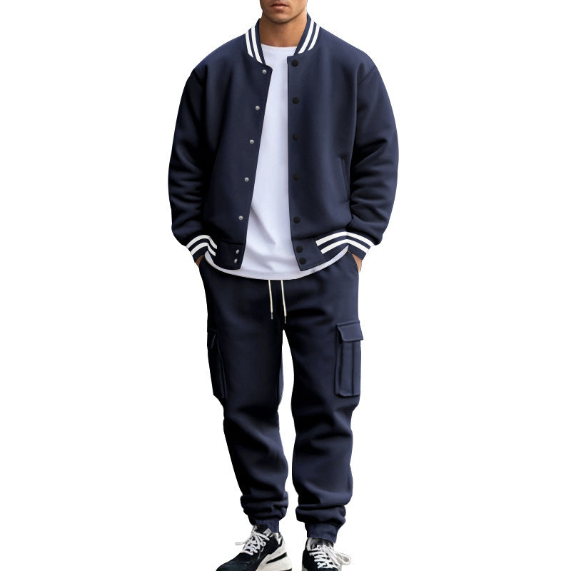 Men's sporty college two-piece made of heavy sweat with ribbed cuffs, snap-button bomber jacket and cargo jogger Mune Fashion