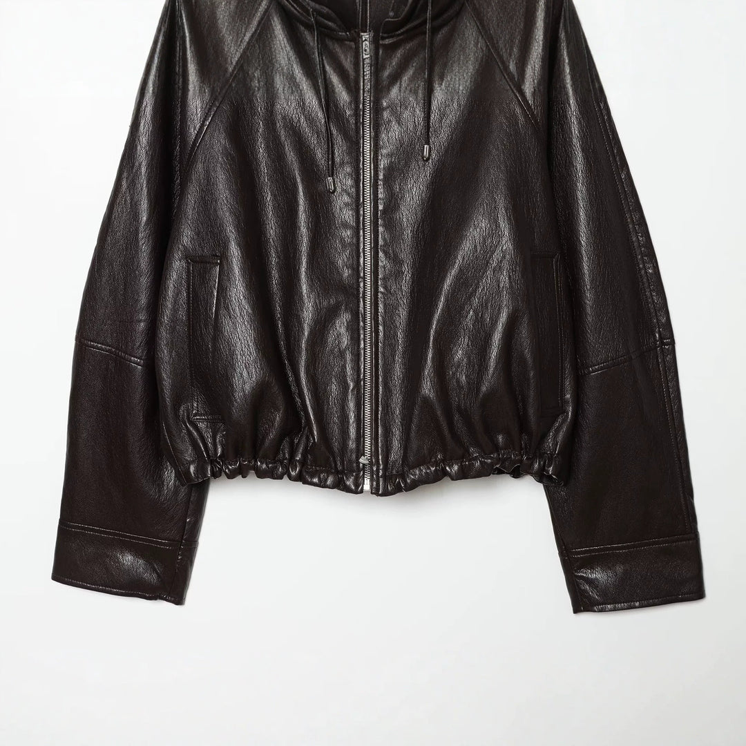 Women's Hooded Leather Bomber Jacket with Zipper, Drawstring and Elastic Hem Mune Fashion