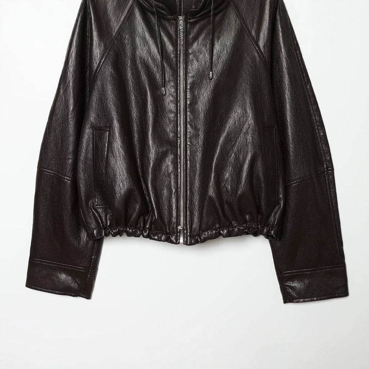 Women's Hooded Leather Bomber Jacket with Zipper, Drawstring and Elastic Hem Mune Fashion