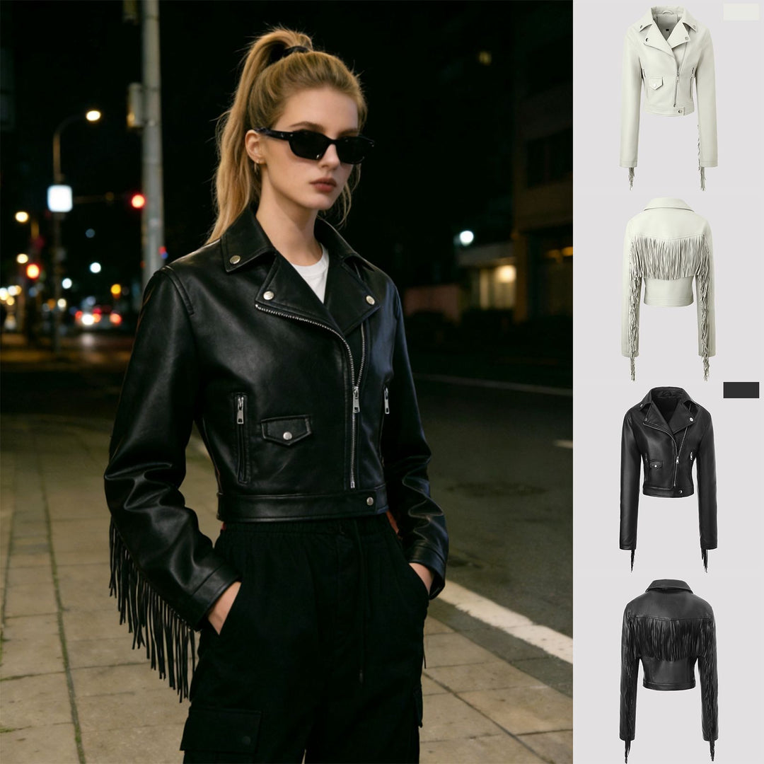 Women short cut fitted biker jacket made of artificial leather with fringes on the sleeves and asymmetric zipper Mune Fashion