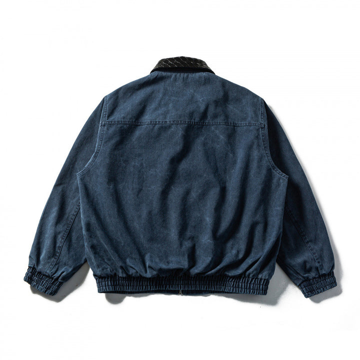 Men's Boxy Denim Blouson Jacket with Quilted Leather Collar and Elastic Cuffs Mune Fashion