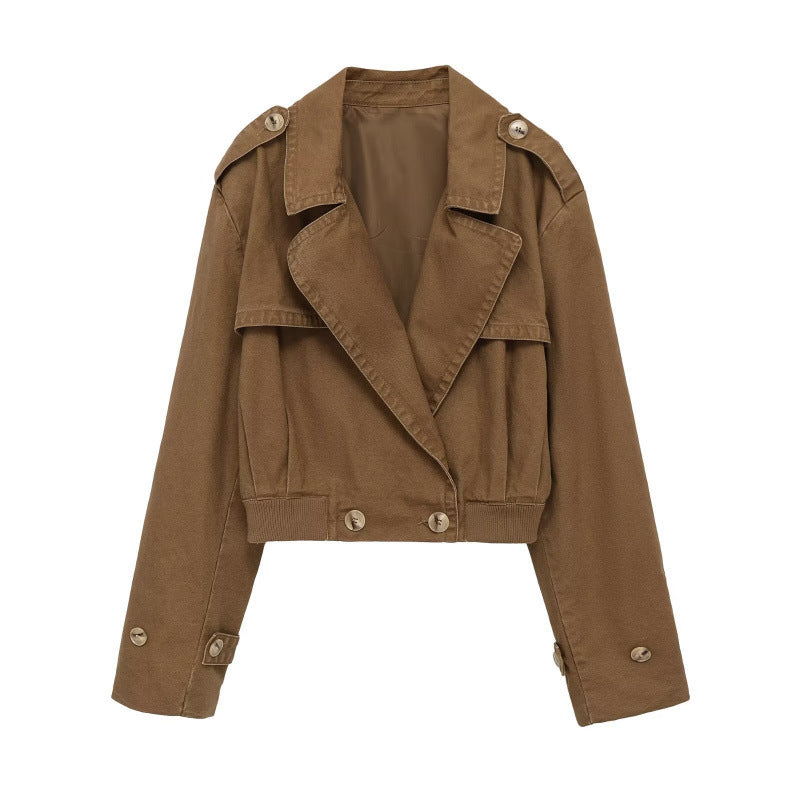 Women's Short Cut Utility Jacket in Field Style with Wide Lapels and Tailored Waistband Mune Fashion