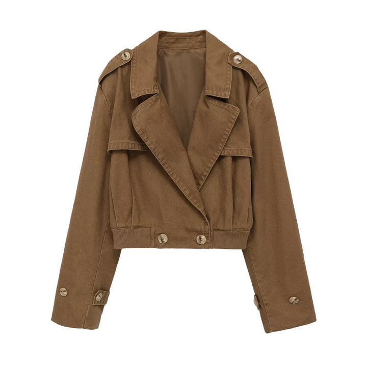 Women's Short Cut Utility Jacket in Field Style with Wide Lapels and Tailored Waistband Mune Fashion
