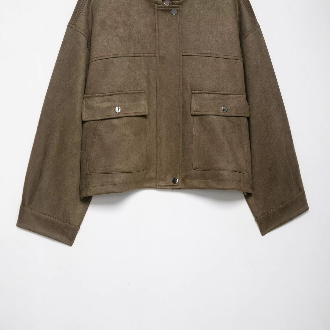 Women’s short jacket made of velour imitation with high funnel collar and flap pockets Mune Fashion