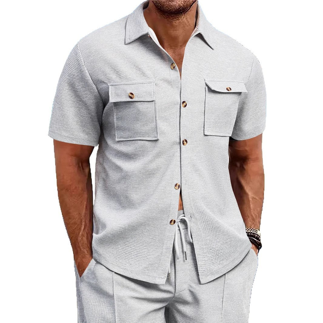 Men's structured waffle lounge set with shirt jacket, chest pockets and corded pants Mune Fashion