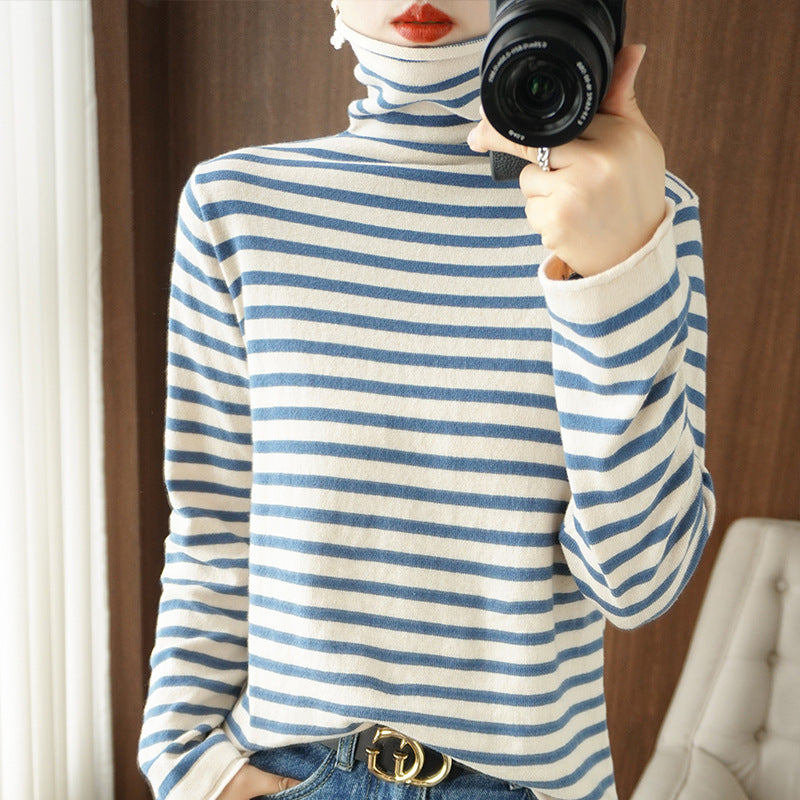 Ladies Maritime Fine Knit Turtleneck with Fine Stripe Pattern and Slim Fit Mune Fashion