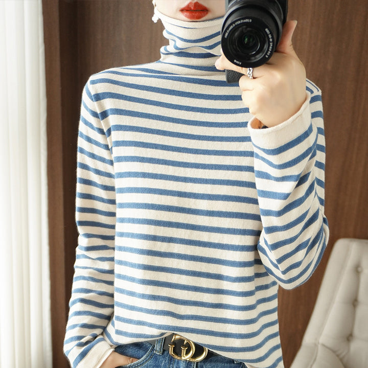 Ladies Maritime Fine Knit Turtleneck with Fine Stripe Pattern and Slim Fit Mune Fashion