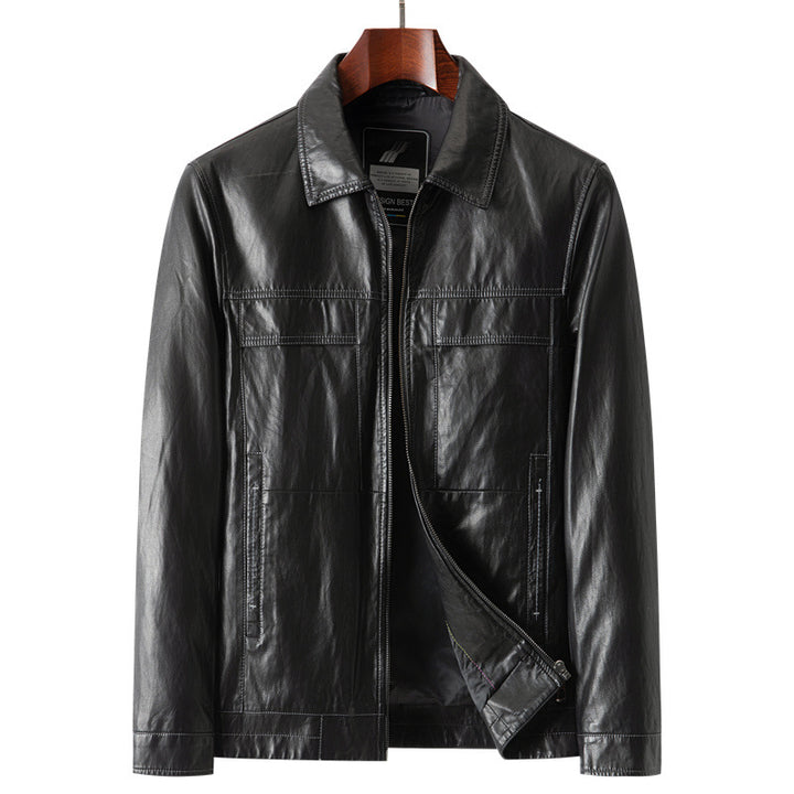 Men's Smooth Leather Look Blouson Jacket in Shirt Jacket Style with Continuous Zipper Mune Fashion