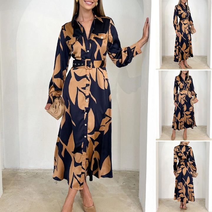 Women flowing shirt dress with waist belt, breast flaps and abstract print Mune Fashion