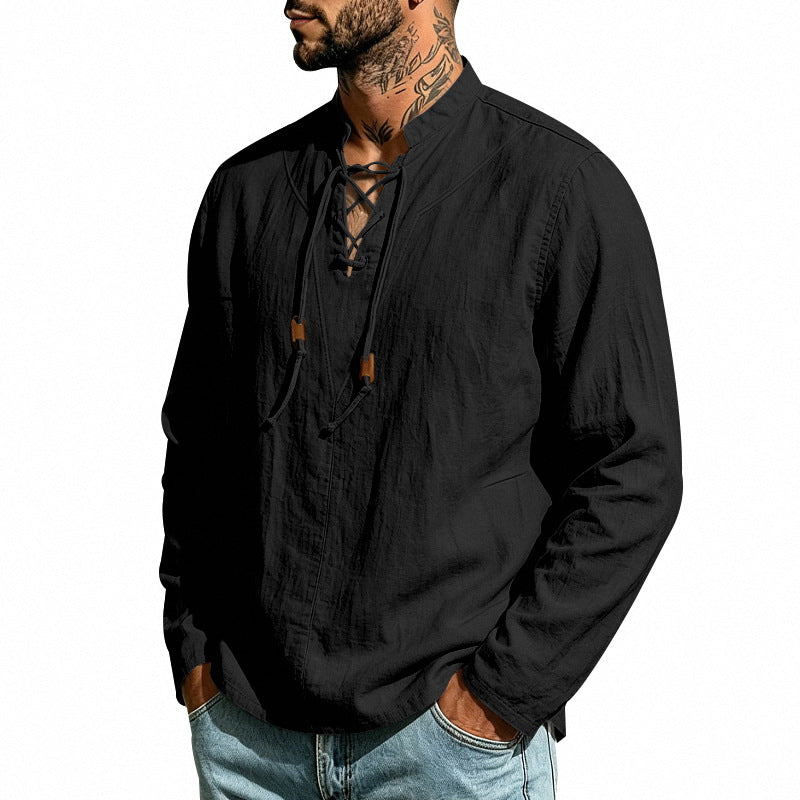 Men's linen shirt with stand-up collar and lacing Mune Fashion