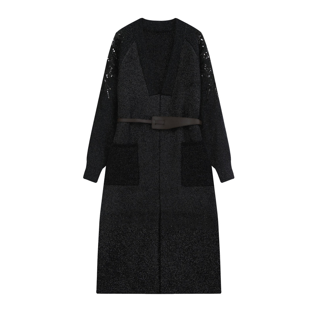 Ladies Long Cardigan with Belt, Deep V-Neck and Embroidered Sequin Sleeves Mune Fashion