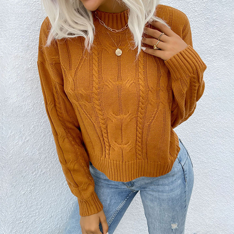 Ladies Short Cut Cable Knit Sweater with Standing Collar Mune Fashion