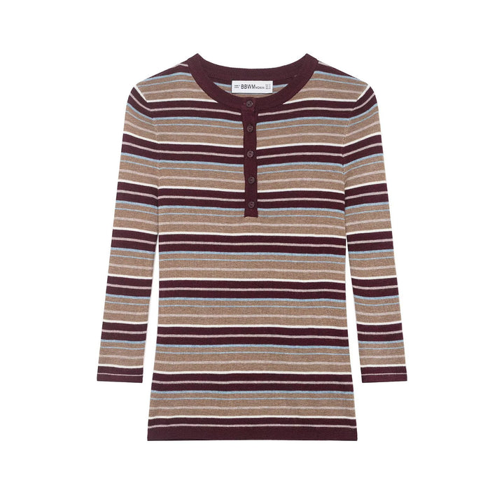 Women's Striped Fine-Knit Henley Shirt with Button Placket and Slim Fit Mune Fashion