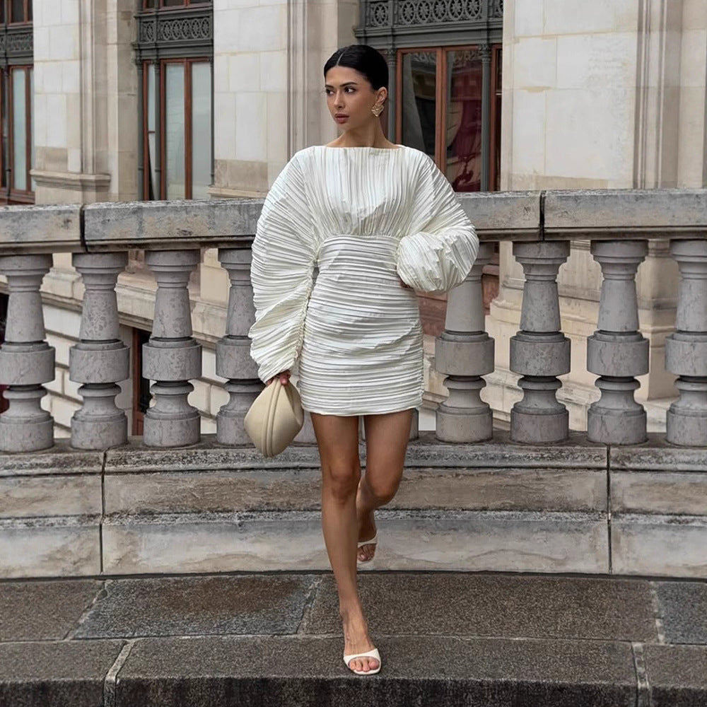 Women's gathered pleated mini dress with balloon sleeves and tailored silhouette Mune Fashion