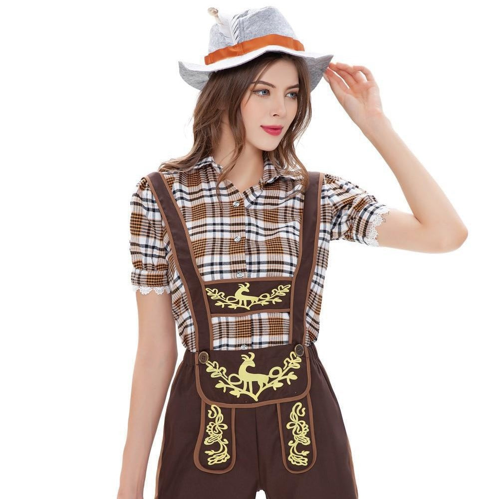 Ladies' Trachten shorts with embroidered bib, adjustable straps, and checked blouse Mune Fashion