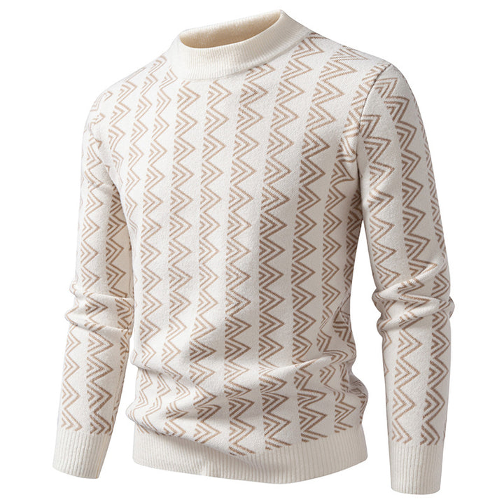 Men's fine knit mock neck pullover with geometric zigzag jacquard Mune Fashion